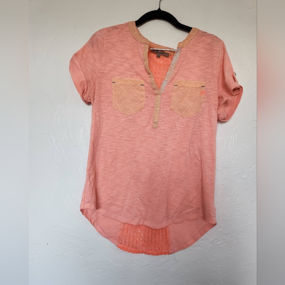 Coral Short Sleeve Blouse with Lace Accents